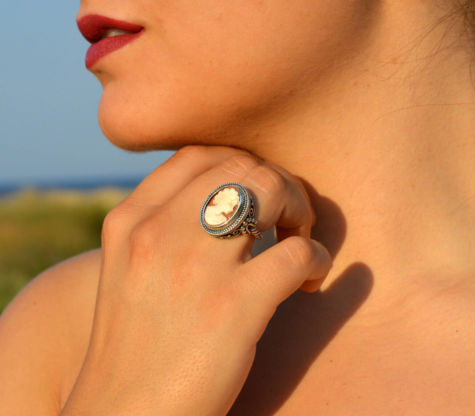 Vintage Mens Cameo Ring [STERLING SILVER × Carnelian] [1940s~ Uncas Mfg.  Co.] W Face | beruf